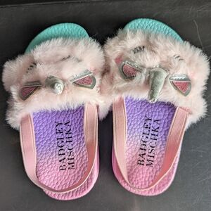 Badgley Mischka Kids Pink Purple & Teal Unicorn Faux-Fur Slide Sandals